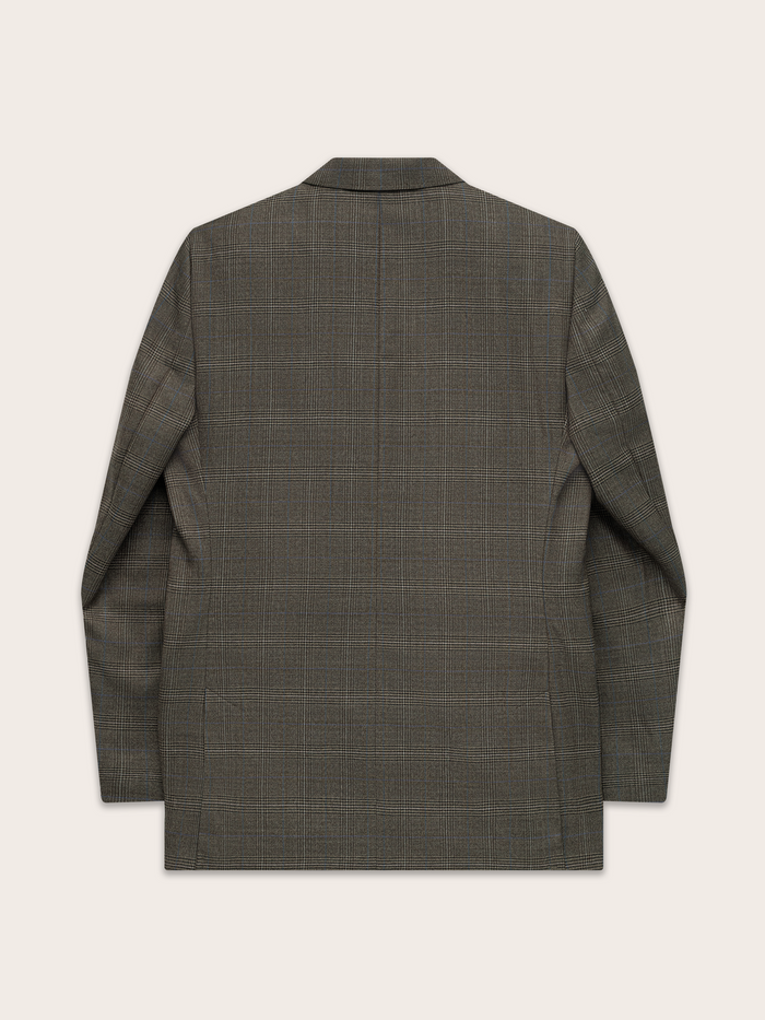 Grey plaid sportcoat laid flat, back view.