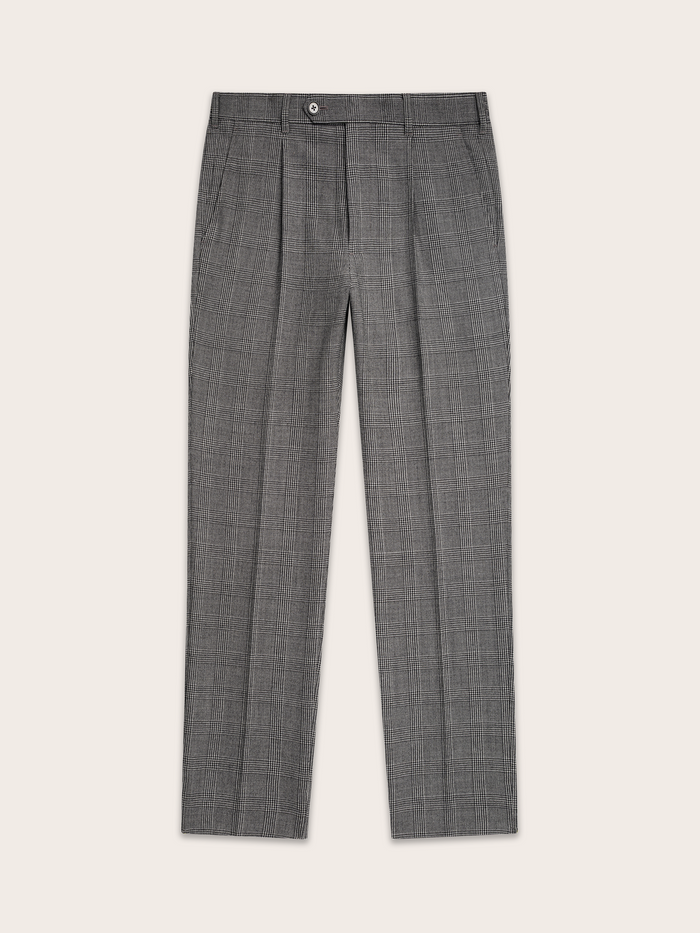 Grey plaid suit trousers laid flat, front view.