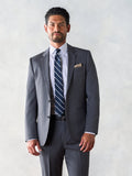 Man in a grey suit with a navy striped tie and pocket square, standing.