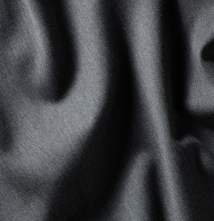 Close-up of grey suit fabric with folds, showing subtle texture.