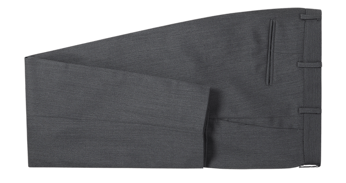 Grey suit trousers folded flat, side pocket, belt loops, and cuffed hem visible
