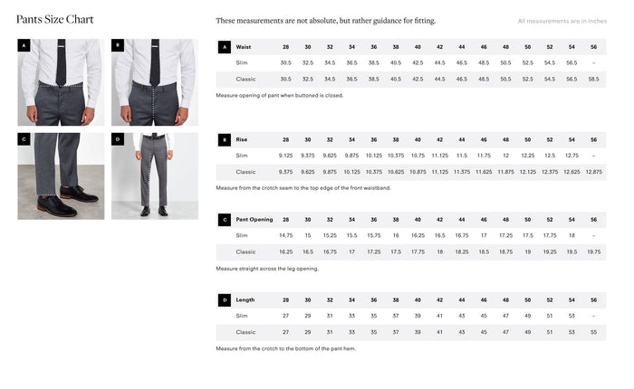 Pants size chart infographic showing waist, rise, opening, and length for slim and classic fits