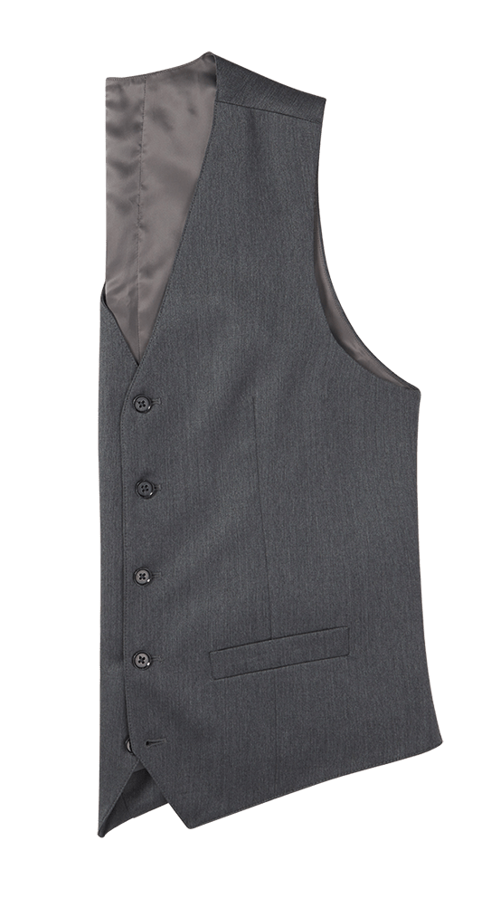 Grey suit vest side profile, front buttons, welt pocket, and satin lining visible