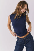 Chaser Hailey Navy Top shown from the front with a sleek sleeveless silhouette soft drape and clean high neckline