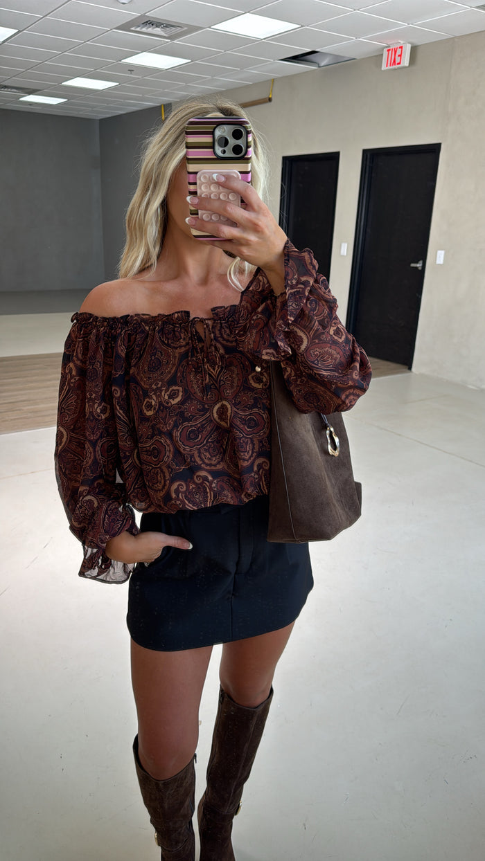 Halle Ruffle Top- Brown Multi