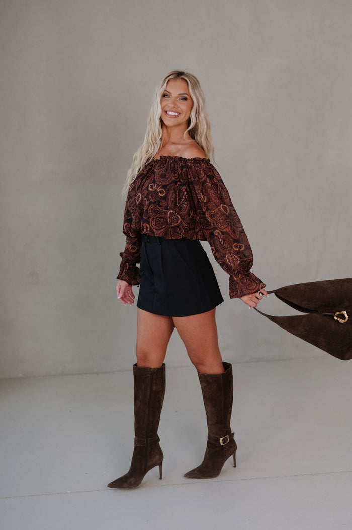 Halle Ruffle Top- Brown Multi