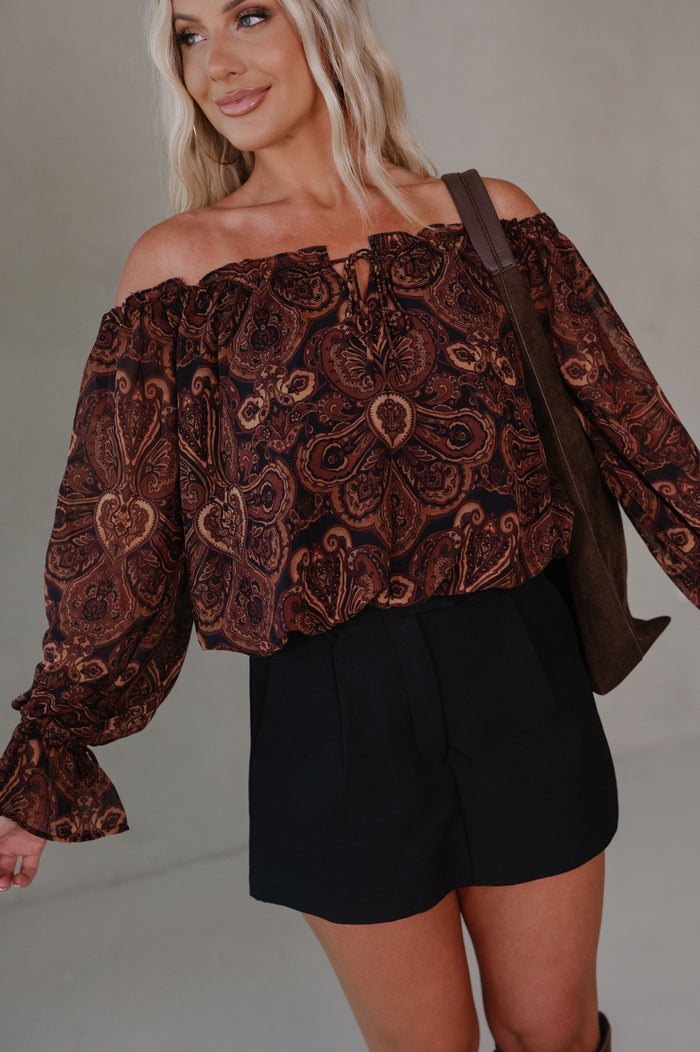 Halle Ruffle Top- Brown Multi