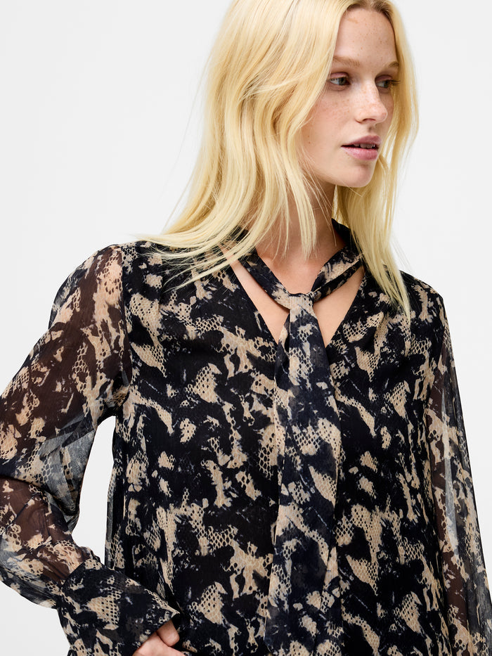 Hallie Black Snake Crinkle Tie Neck Blouse