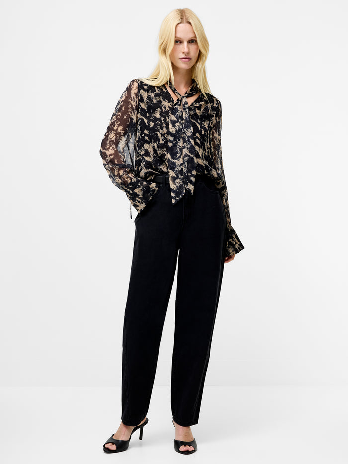 Hallie Black Snake Crinkle Tie Neck Blouse