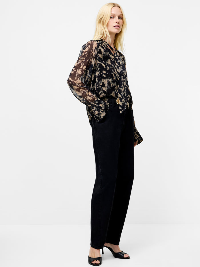 Hallie Black Snake Crinkle Tie Neck Blouse