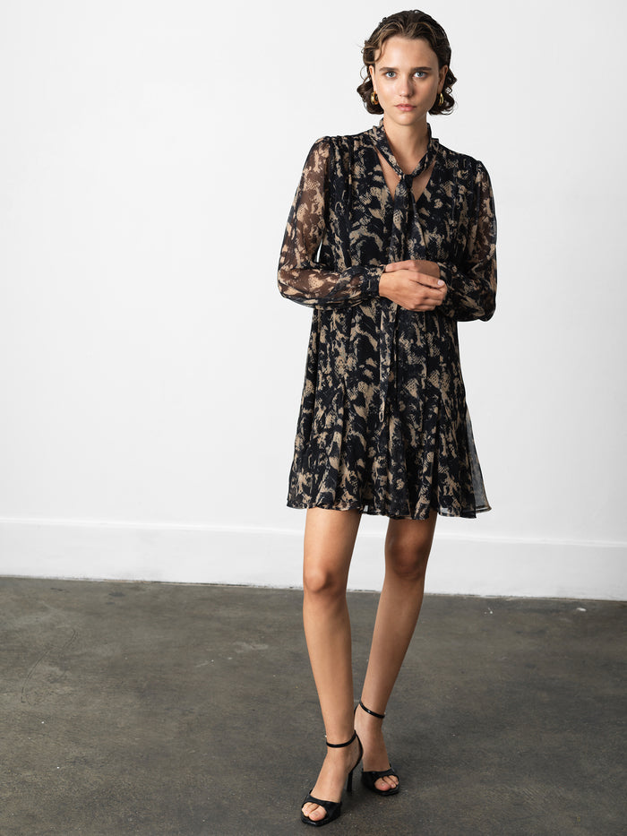 Hallie Black Snake Print Chiffon Mini Dress