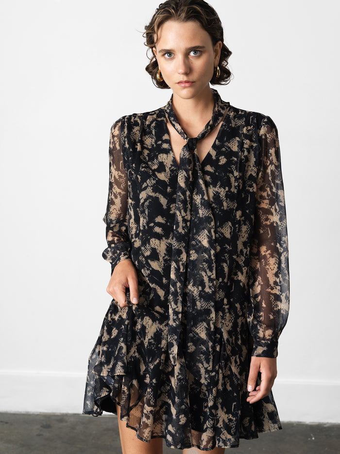 Hallie Black Snake Print Chiffon Mini Dress