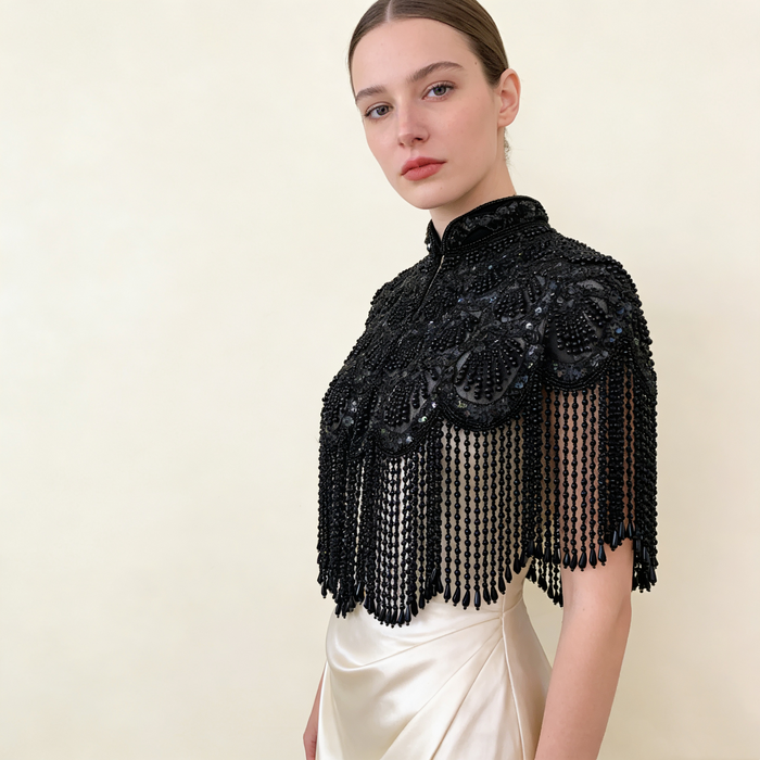Luxury Gothic Gatsby wedding shoulder cape with black beaded embroidery and elegant fringe for couture bridal styling.