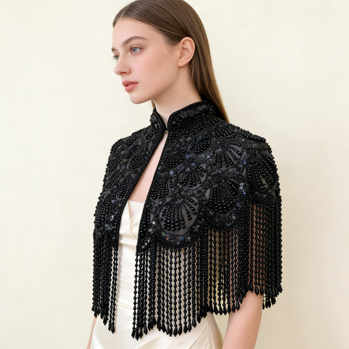 Luxury Gothic Gatsby wedding shoulder cape with black beaded embroidery and elegant fringe for couture bridal styling.
