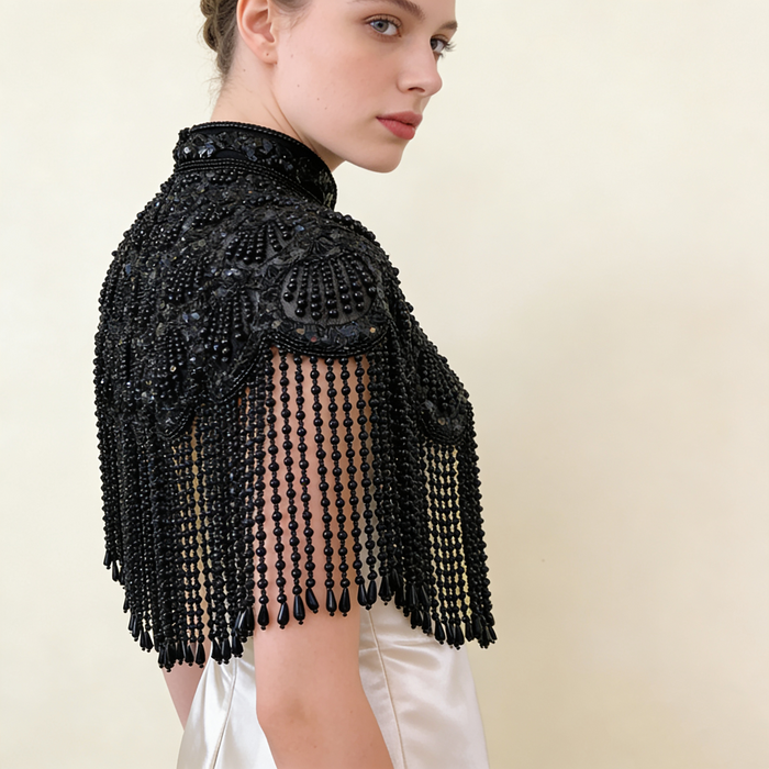 Luxury Gothic Gatsby wedding shoulder cape with black beaded embroidery and elegant fringe for couture bridal styling.