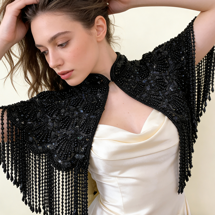 Luxury Gothic Gatsby wedding shoulder cape with black beaded embroidery and elegant fringe for couture bridal styling.