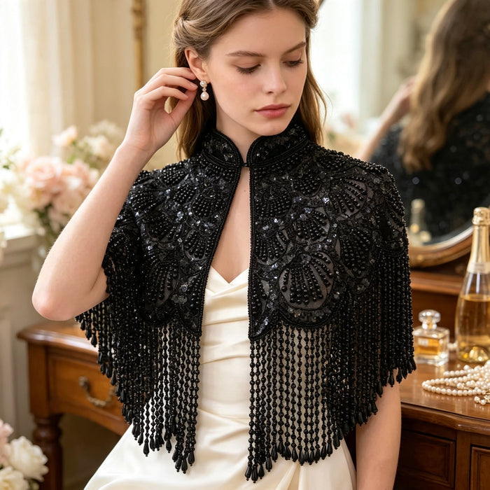 Handmade Black Beaded Bridal Capelet with Fringe | Gothic Gatsby Wedding Shoulder Cape