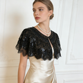 Luxury black gothic wedding shoulder cape with handcrafted bead embroidery and shimmering sequins for formal bridal styling.