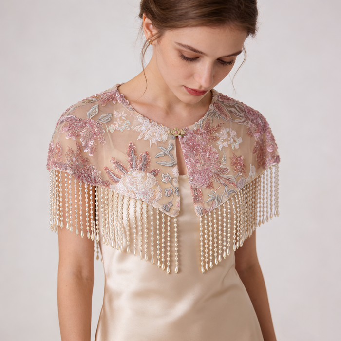Handmade blush floral bridal cape featuring embroidered flowers, sequins, illusion tulle, and pearl-inspired fringe.