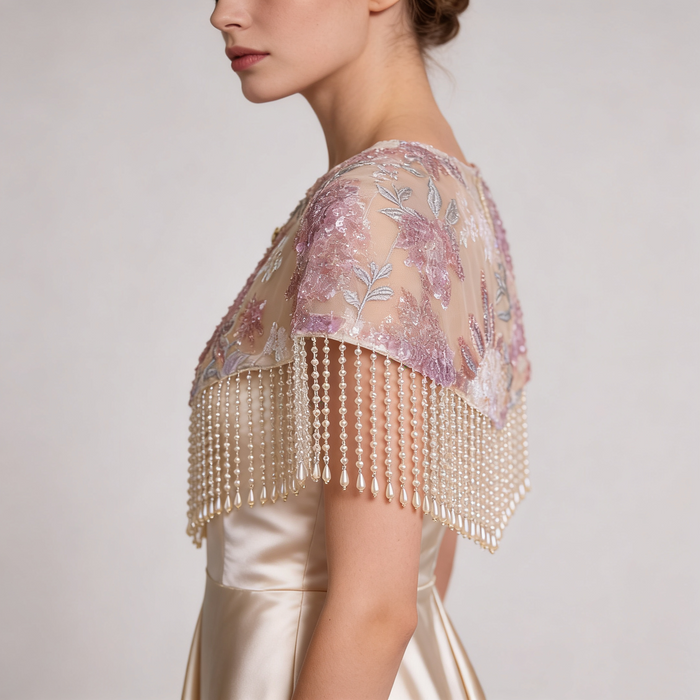Elegant blush pink bridal shoulder cape with floral embroidery, delicate beadwork, and flowing pearl fringe.