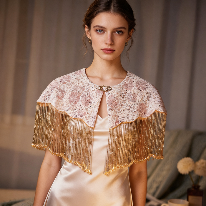 Elegant champagne gold bridal cape with handcrafted bead embroidery and flowing fringe for weddings and evening occasions.