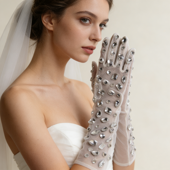 Handmade mid-length bridal gloves crafted from sheer tulle and decorated with individually hand sewn crystal rhinestones.