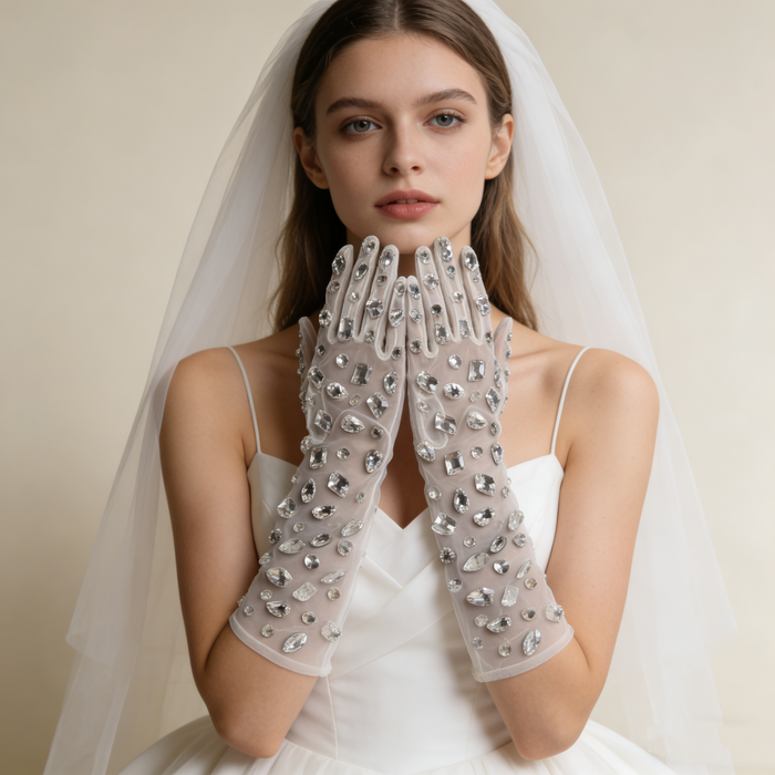 Elegant crystal embellished tulle wedding gloves featuring sparkling hand sewn rhinestones for modern bridal styling.