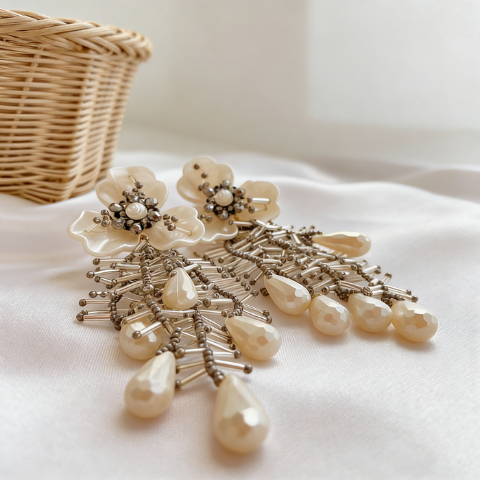 Handmade bridal stud earrings featuring resin flowers, imitation pearl drops, seed bead embroidery, and elegant cascading tassels.