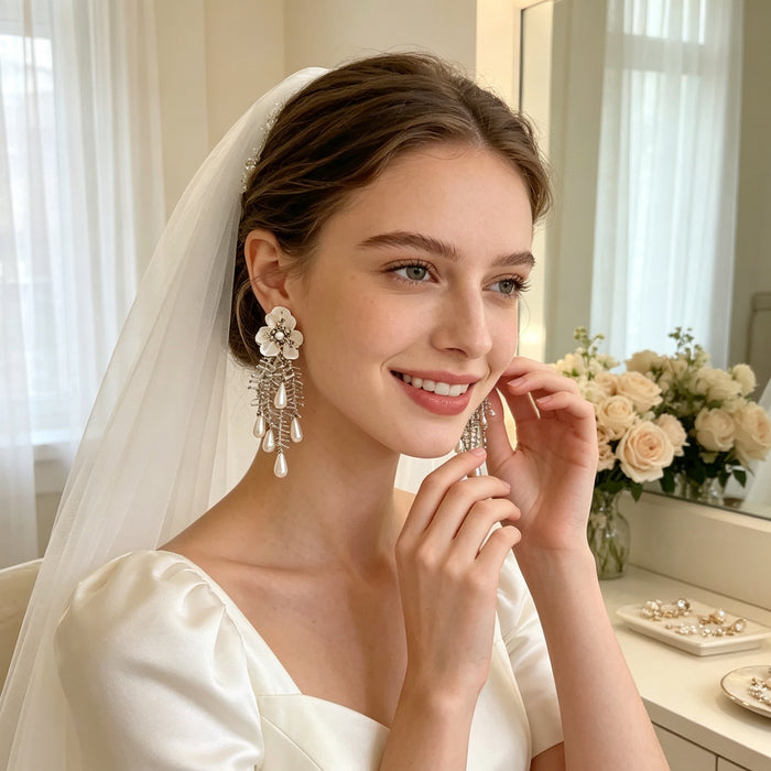 Handmade bridal stud earrings featuring resin flowers, imitation pearl drops, seed bead embroidery, and elegant cascading tassels.