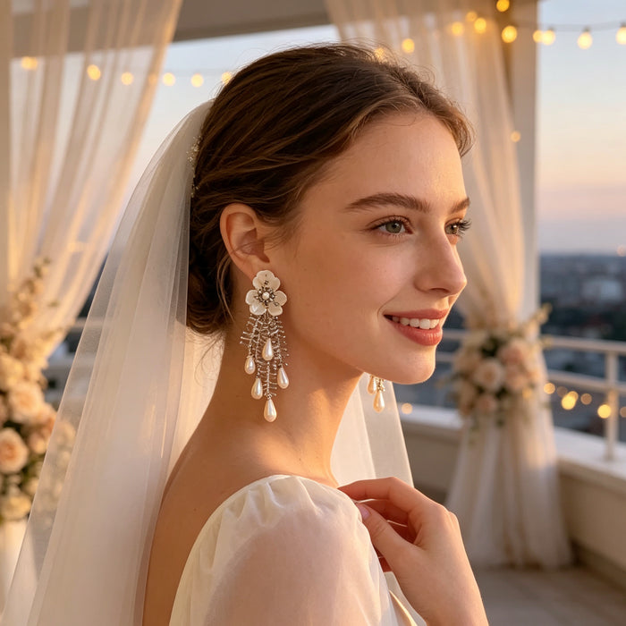 Romantic floral statement wedding earrings with handcrafted resin flowers, pearl tassels, and intricate beaded detailing.