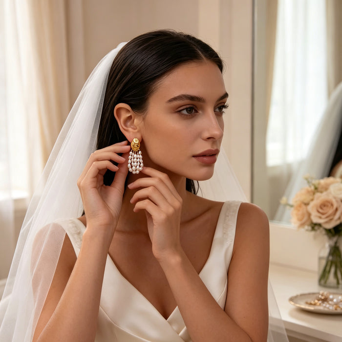 Handmade bridal earrings featuring natural freshwater pearl clusters suspended from 14K gold-plated hammered stud earrings.