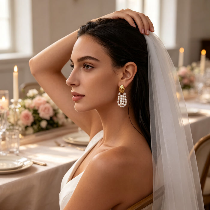 Handmade bridal earrings featuring natural freshwater pearl clusters suspended from 14K gold-plated hammered stud earrings.