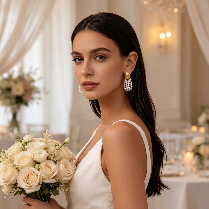 Handmade bridal earrings featuring natural freshwater pearl clusters suspended from 14K gold-plated hammered stud earrings.