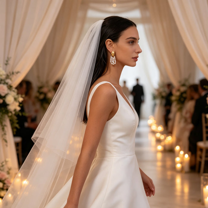 Handmade bridal earrings featuring natural freshwater pearl clusters suspended from 14K gold-plated hammered stud earrings.