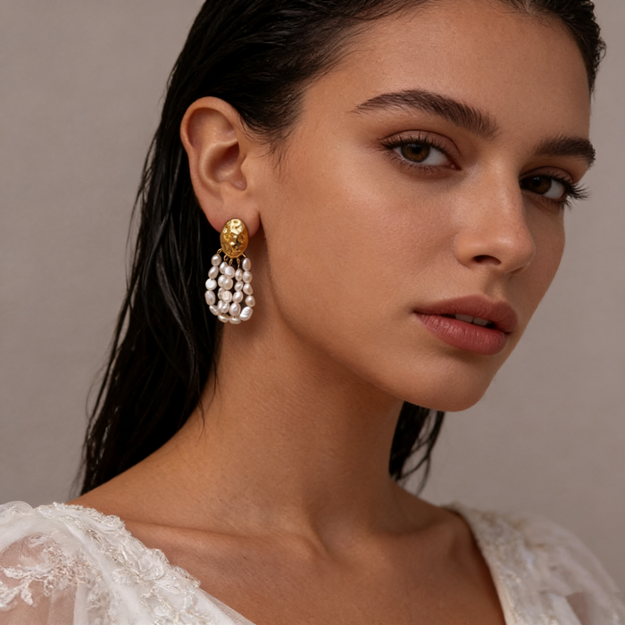 Elegant freshwater pearl cluster wedding earrings with handcrafted 14K gold-plated textured studs for timeless bridal styling.