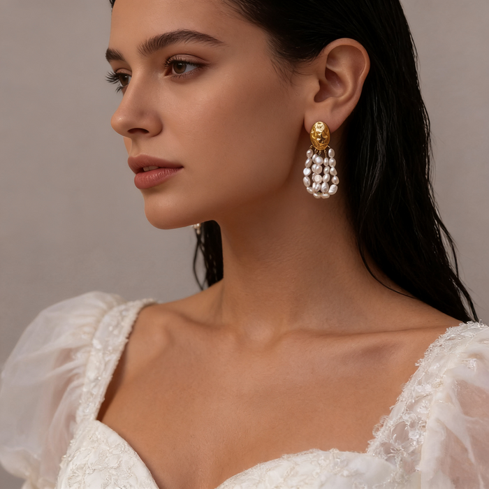 Elegant freshwater pearl cluster wedding earrings with handcrafted 14K gold-plated textured studs for timeless bridal styling.