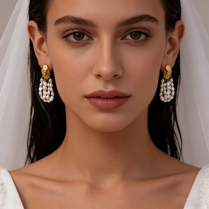 Elegant freshwater pearl cluster wedding earrings with handcrafted 14K gold-plated textured studs for timeless bridal styling.