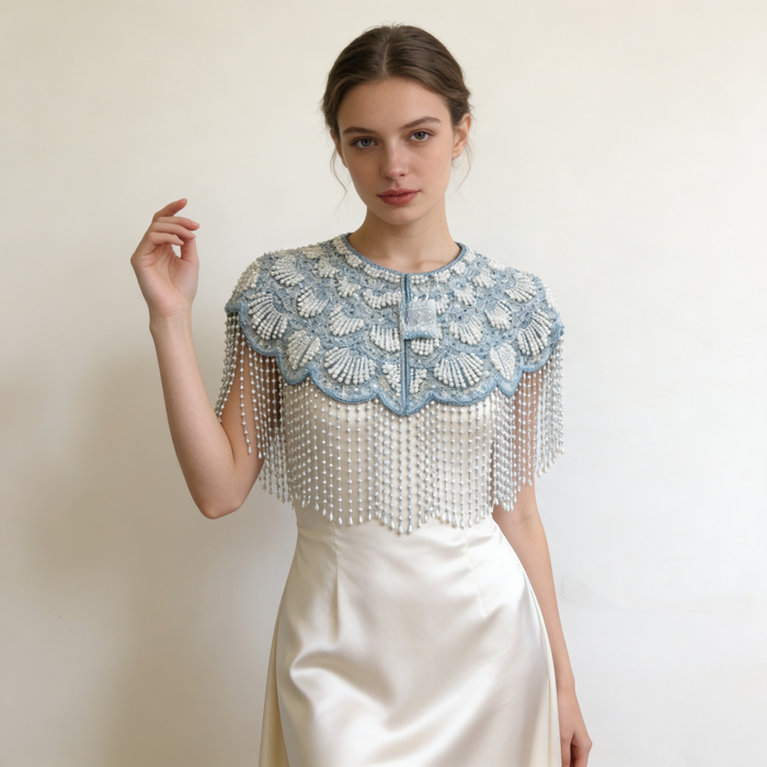 Elegant bridal shoulder cape featuring shimmering ice blue bead embroidery and flowing pearl fringe.