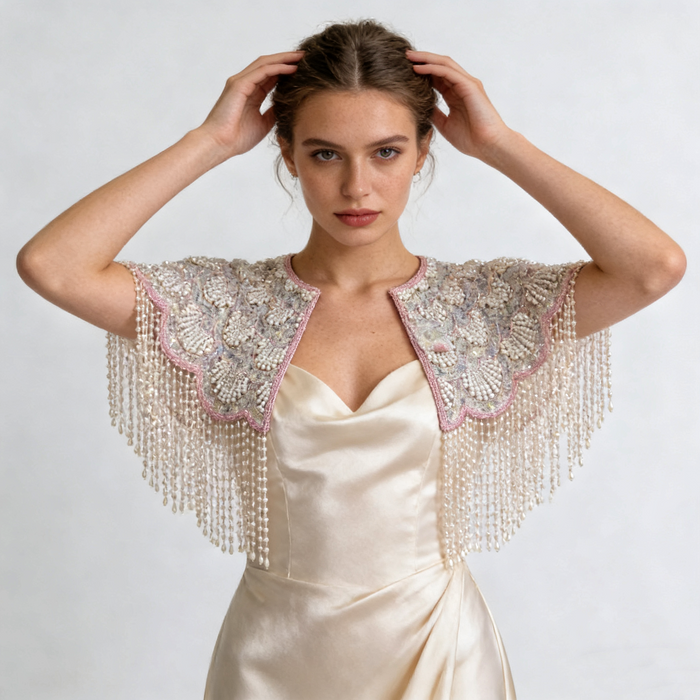 Elegant bridal shoulder cape with shell-inspired bead embroidery, shimmering sequins, and flowing pearl fringe.