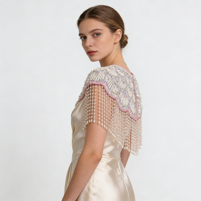 Elegant bridal shoulder cape with shell-inspired bead embroidery, shimmering sequins, and flowing pearl fringe.