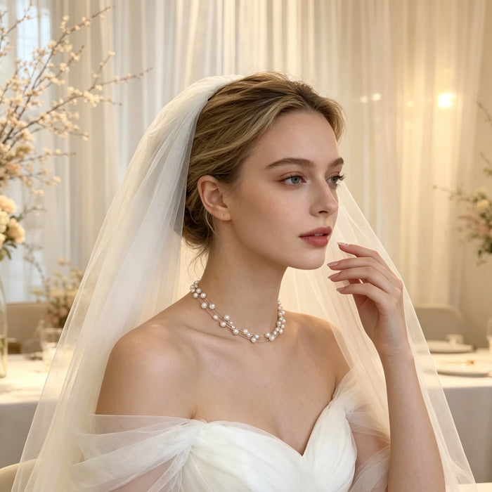 Natural freshwater pearl bridal choker with delicate floating multi-strand design and adjustable clasp for weddings and special occasions.