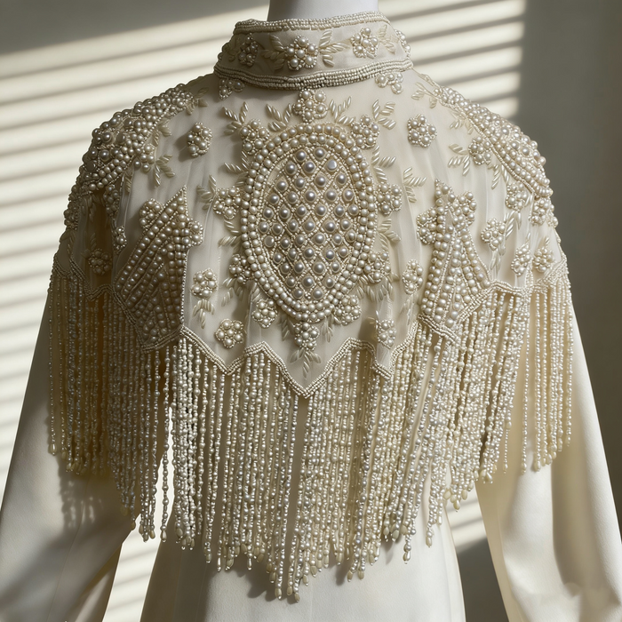 Handmade illusion tulle bridal cape embroidered with faux pearls, floral beadwork, and elegant pearl fringe.