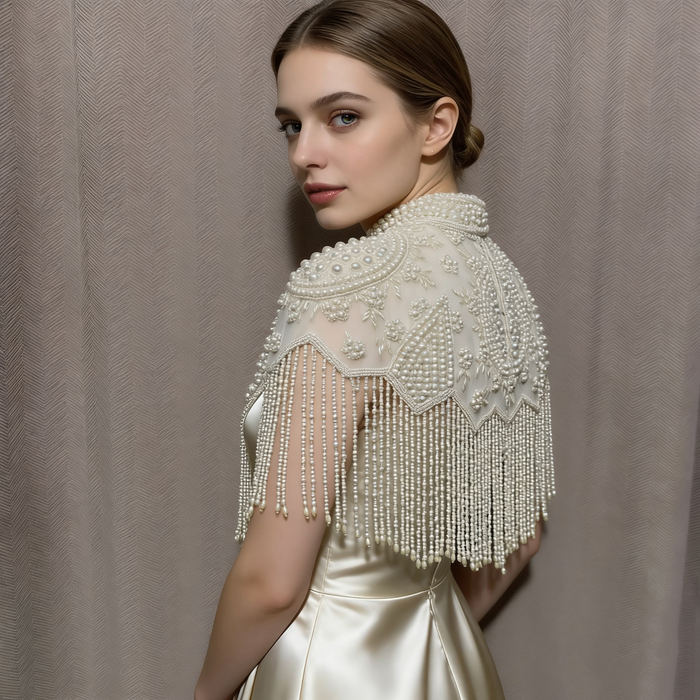 Victorian Rococo Gatsby-inspired bridal cape with pearl embroidery and cascading beaded fringe.