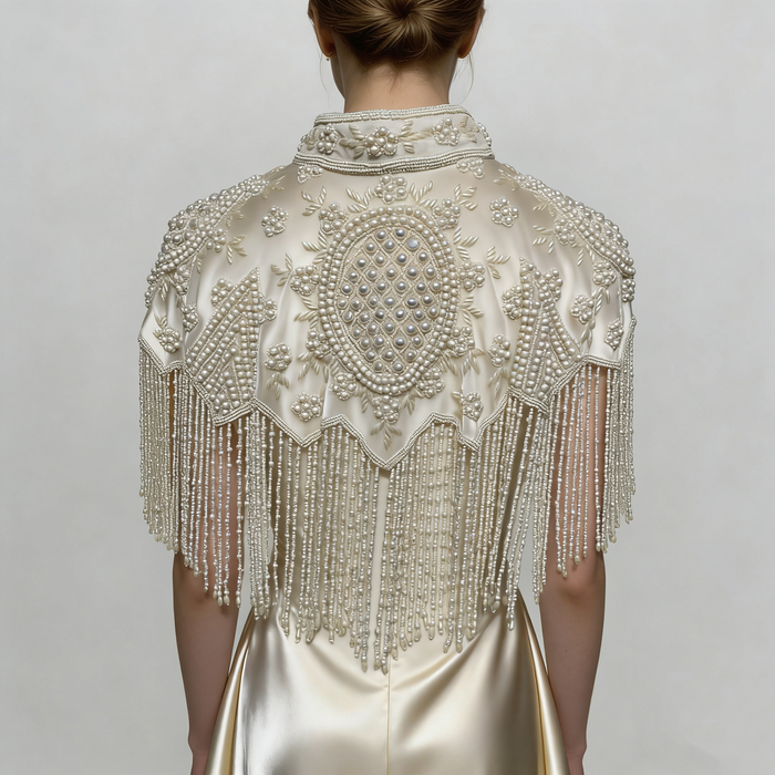 Victorian Rococo Gatsby-inspired bridal cape with pearl embroidery and cascading beaded fringe.