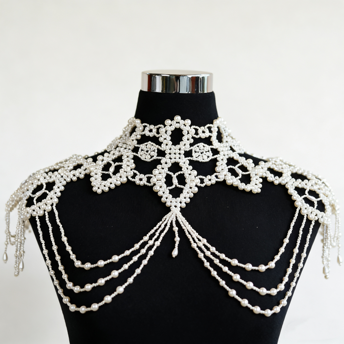 Handmade Victorian-inspired bridal shoulder jewelry featuring intricate faux pearl beadwork, layered pearl chains, and elegant shoulder draping.