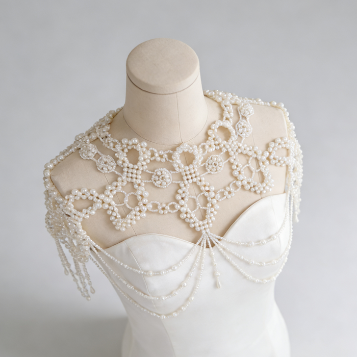 Handmade Victorian-inspired bridal shoulder jewelry featuring intricate faux pearl beadwork, layered pearl chains, and elegant shoulder draping.