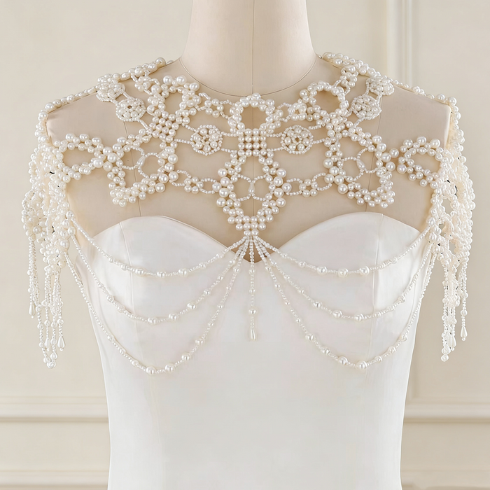 Handmade Victorian-inspired bridal shoulder jewelry featuring intricate faux pearl beadwork, layered pearl chains, and elegant shoulder draping.