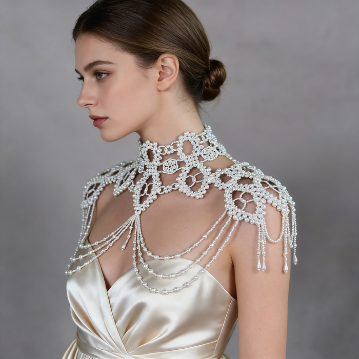 Luxury Rococo bridal necklace cape with handcrafted pearl lattice, cascading shoulder chains, and statement wedding shoulder jewelry.