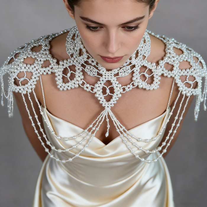 Luxury Rococo bridal necklace cape with handcrafted pearl lattice, cascading shoulder chains, and statement wedding shoulder jewelry.