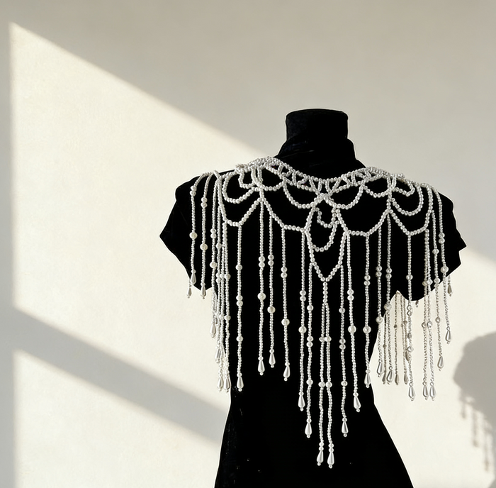Elegant bridal pearl capelet with hand-beaded shoulder drapes, delicate fringe, and luxury wedding jewelry styling.